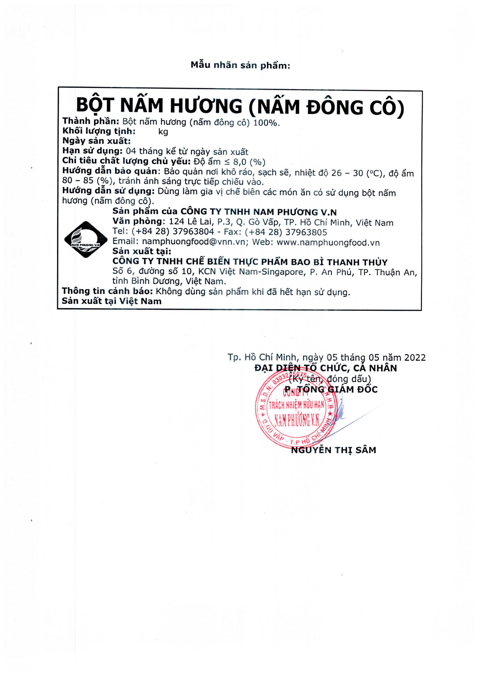 HỒ SƠ CÔNG BỐ BỘT NẤM HƯƠNG (NẤM ĐÔNG CÔ)